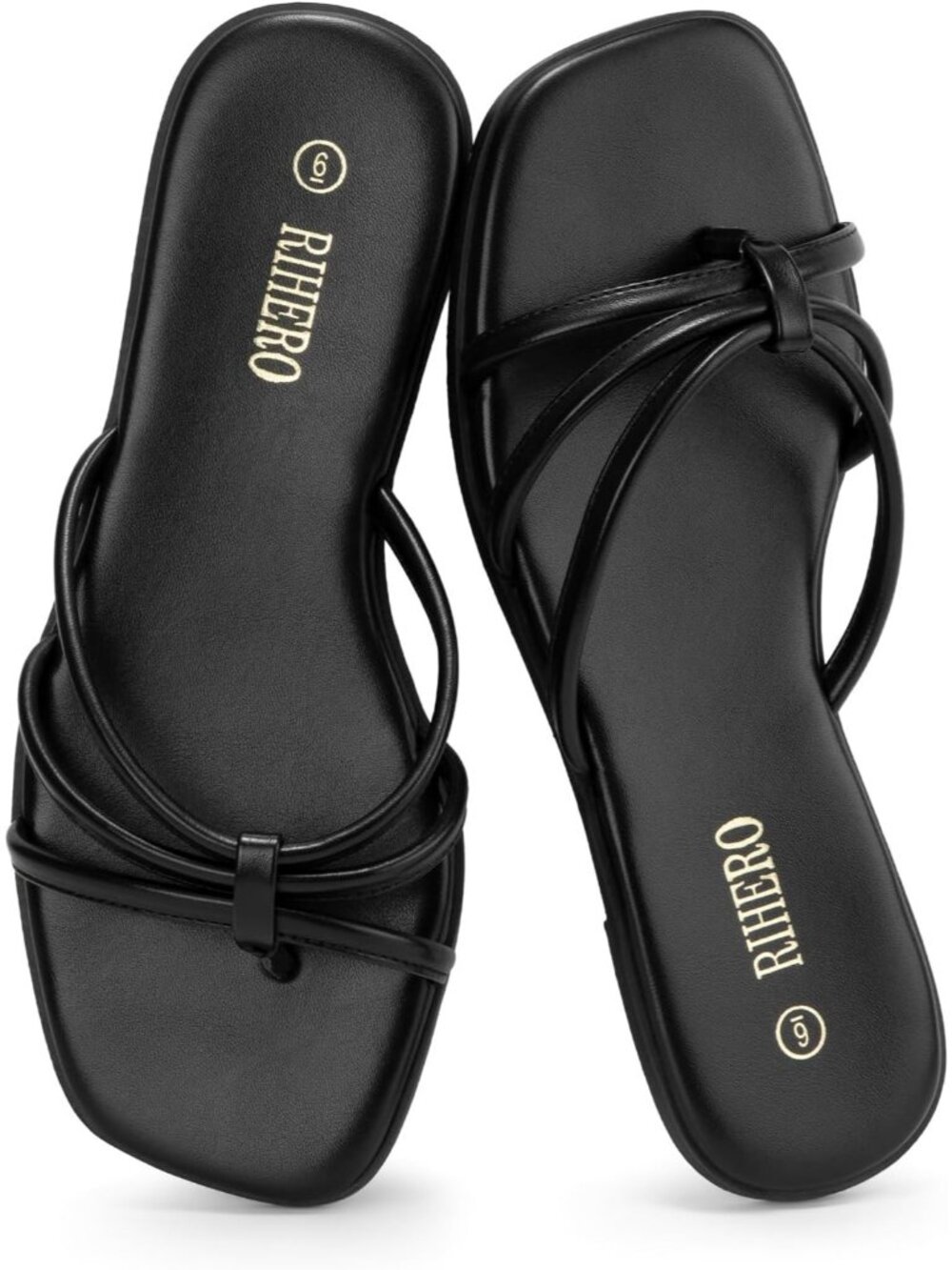 Women's Black Summer Comfortable Slip On Square Toe Flat Sandals For Beach